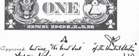 Initial design of the new currency, with Roosevelt's suggested changes indicated in his own handwriting and signed with his initials, FDR.
